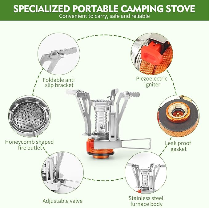 KUBQLIG Portable Camping Stove Backpacking Stove, Specialized Camping Stove with Piezo Ignition Stable Support Wind-Resistance, Camp Stove for Camping Hiking&Outdoor Adventure Cooking