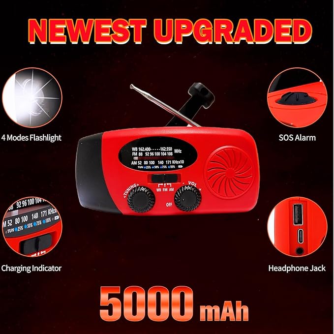 iRonsnow Solar Emergency Hand Crank Weather Radio, Portable Self Powered NOAA AM/FM Radios with SOS Alarm LED Flashlight 5000mAh Smart Phone USB Charger for Camping (Red)
