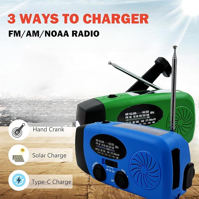 2000mAh Weather Emergency Radio, Portable Solar AM/FM/NOAA Hand Crank Radio, Cell Phone Charger with SOS, 1W LED Flashlight, Headphone Jack, Power for Emergency Preparedness
