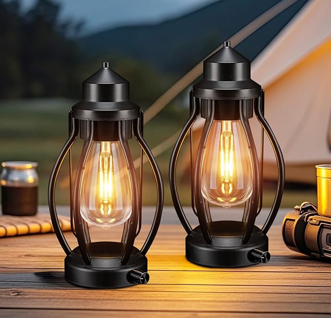 Rechargeable Outdoor Camping Lanterns 2Pack, Vintage Dimmable Hanging Outdoor Lanterns with Timer, Waterproof Battey Powered Indoor Table Lamps for Patio, Garden, Porch Decorations