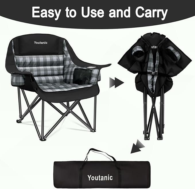 Youtanic Padded Camping Chairs for Adults, Heavy Duty 400 lbs Foldable Lawn Chair, Oversized Ergonomic Outdoor Seat with Classic Plaid Design, Cup Holders & Storage Pockets for Fishing, Sports, Black