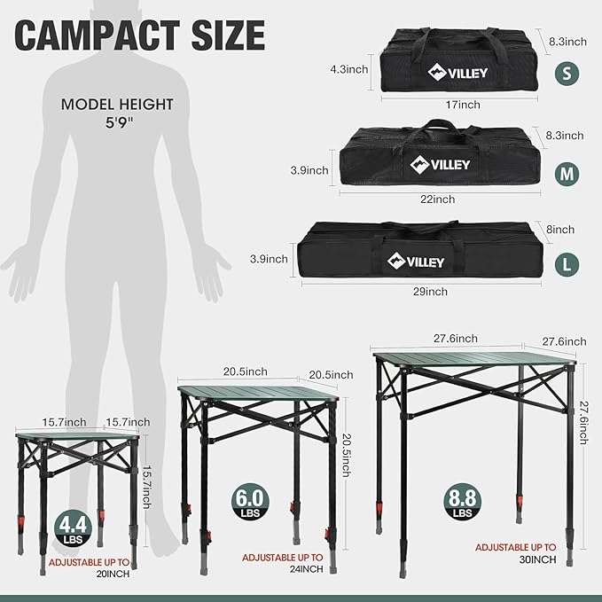 VILLEY Folding Camping Square Table with Carry Bag, Lightweight Aluminum Adjustable Square Table for Outdoor, Camping, Picnic, Backyards, BBQ (L)