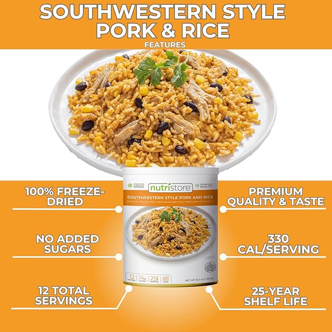 Nutristore Freeze-Dried Southwestern Style Pork and Rice | Emergency Survival Bulk Food Storage Meal | Perfect for Everyday Meals and Long-Term Storage | 25 Year Shelf Life | USDA Inspected (1-Pack)