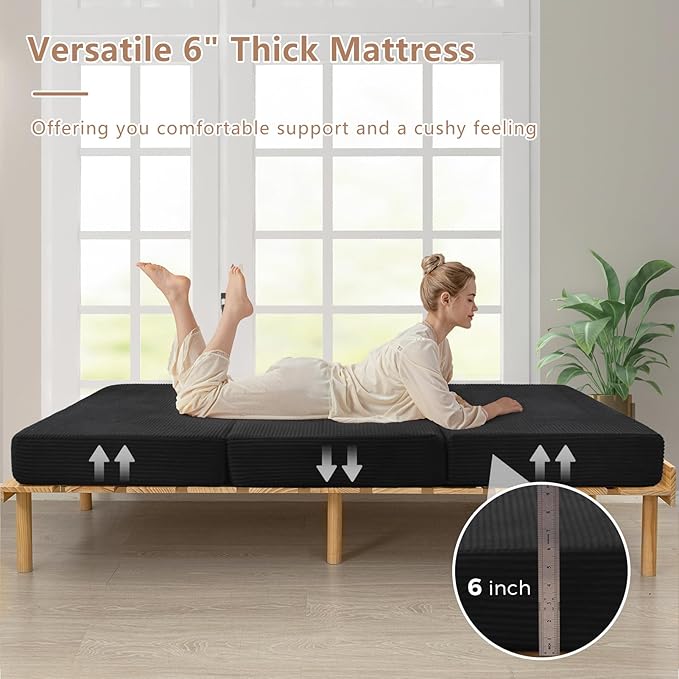 BYBYME Tri-Folding Corduroy Mattress, 6 Inch Gel Folding Mattress Topper, Foldable Soft Guest Bed Camping Pad, Washable Cover (Black, Full)