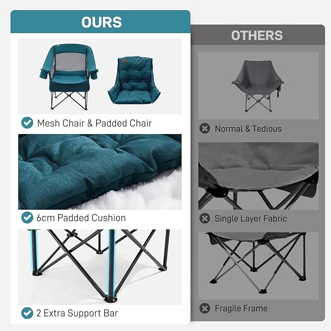 EVER ADVANCED 2 Set Camping Chair with Detachable Cushion, Mesh Chair for Adults Foldable, Oversized Heavy Duty Folding Chair with Cooler Mesh Pocket Cupholder Outdoor Fishing, Supports 400LBS Green