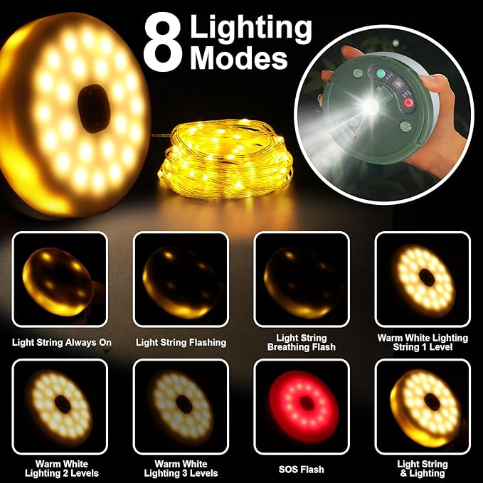 HELESIN Camping Light USB Rechargeable Waterproof Portable Stowable String Light, 4 in 1 Camping String Lights Outdoor with 8 Modes Tent Lights for Camping, Hiking, Yard, RV (Warm Light)