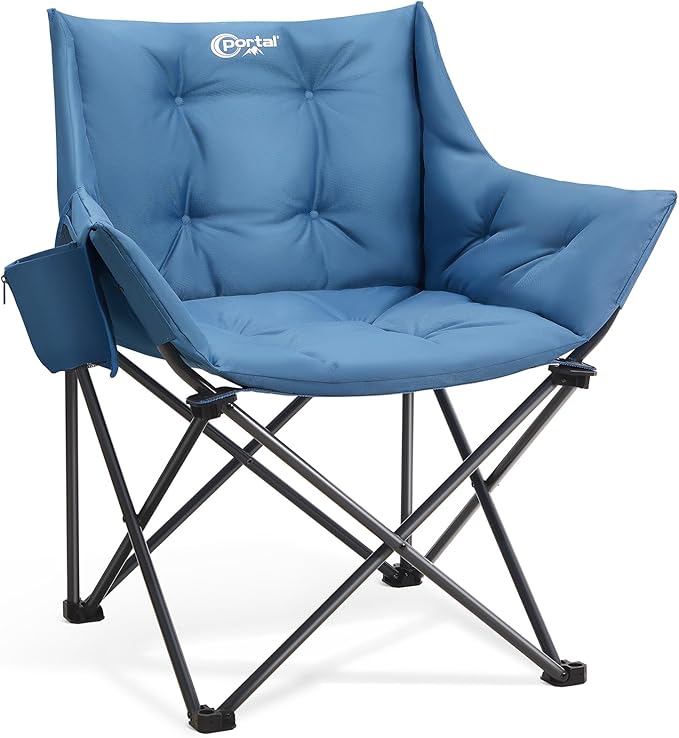 Portal Oversized Padded Camping Chair - Heavy Duty Folding Chair with Cup Holder & Side Pocket, Supports 350 lbs, for Camping, Lawn, Sports, Blue