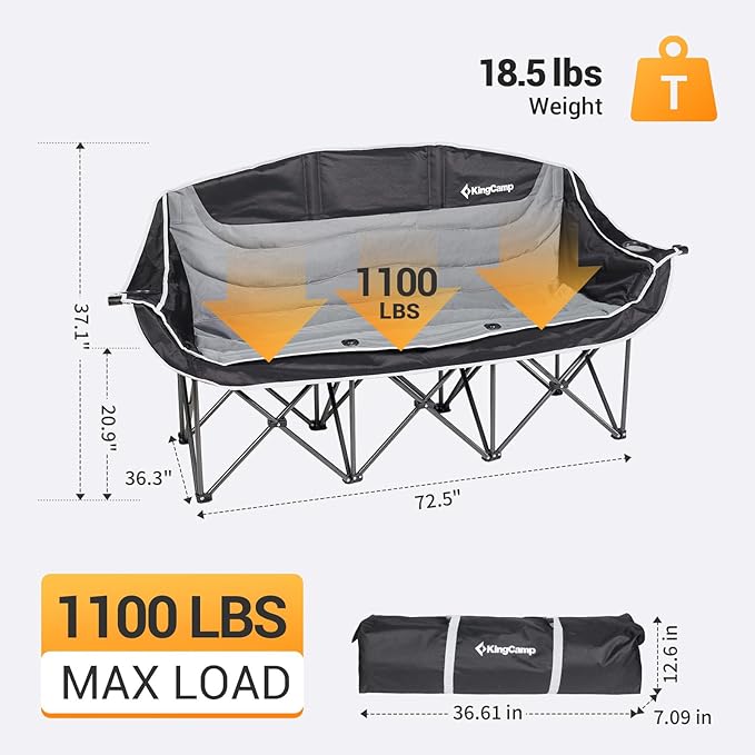 KingCamp 3 Person Camping Chair, Oversized 1100lbs Heavy Duty Loveseat for Adults Portable Folding XL 2 Person Couch Padded Comfortable Three Seat with Cup Holder for Outdoor Lawn Backyard, Black/Grey