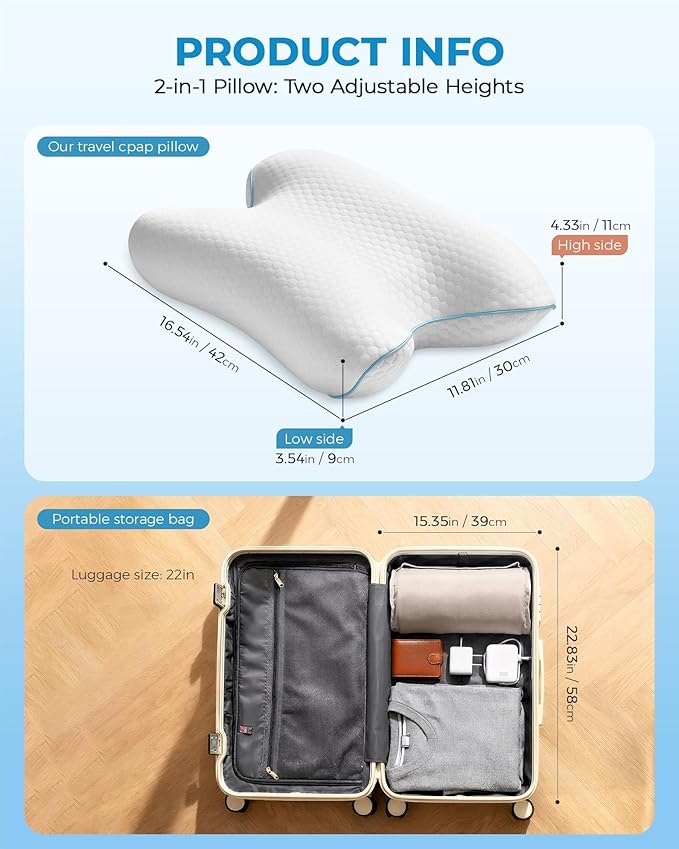 Elviros Portable CPAP Pillow for Side & Back Sleepers, Travel Sleep Apnea Pillow with Adjustable Height to Relieve Neck Pain, Reduce Mask Leaks & Pressure, Includes Travel Bag for Camping, Hotels