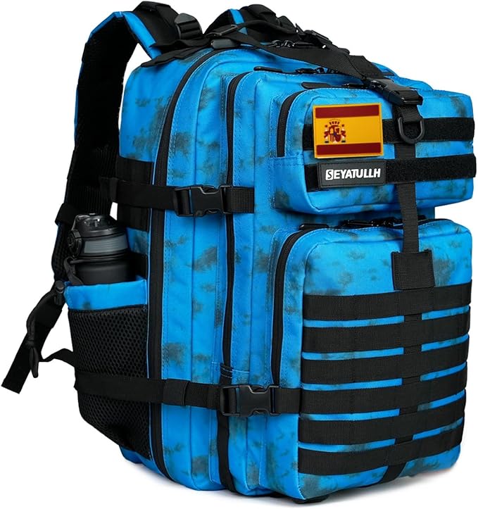 45L Military Tactical Backpack for Men & Women Bug Out Bag Assault pack Molle Daypack Hiking Trekking Rucksack (2.0 side pockets （blue tie dye）)