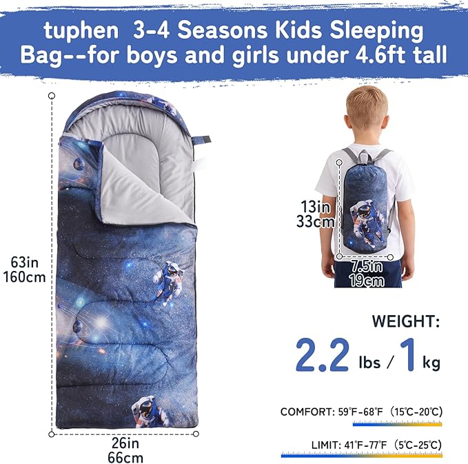 tuphen Kids Sleeping Bag - 50-77℉ 3-Season Waterproof Sleeping Bag for Boys & Girls, Lightweight 2.2 lbs Camping Gear with Compression Bag Ideal for Camping, Hiking, Indoor