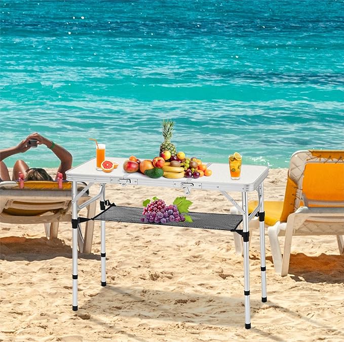 YihuiKo 3ft Aluminum Folding Picnic Table - Lightweight & Portable Outdoor Table with Adjustable Height, Storage Net for Camping, Backyard, RV Trips
