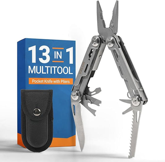 Valor 13-in-1 Multi Tool Pocket Knife with Pliers – Compact Lightweight EDC Multitool for Camping, Fishing, Outdoor, Survival – Self-Locking All-In-One Utility with Carry Case & Belt Loop