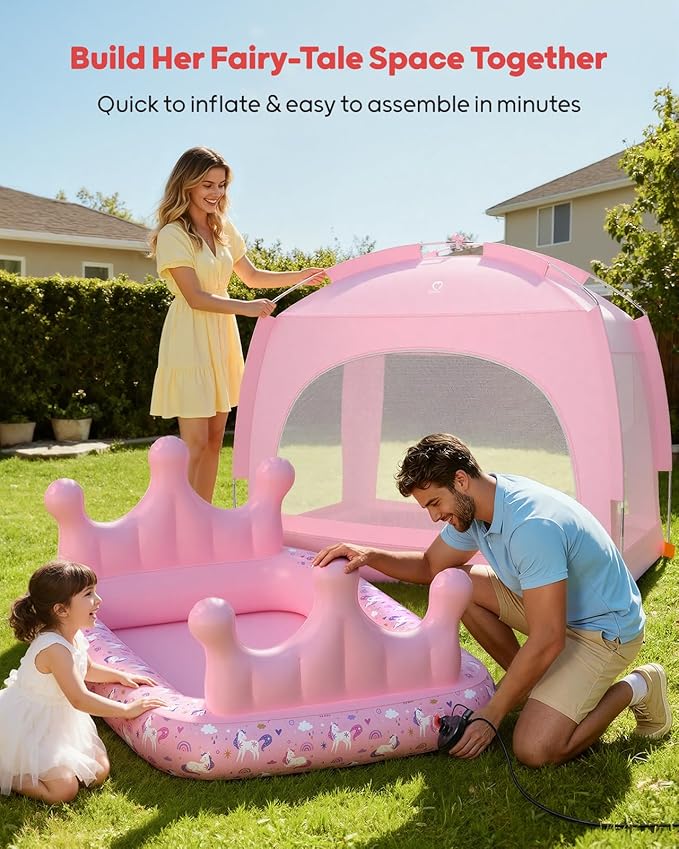 QPAU Princess Inflatable Toddler Bed with Tent, Blow Up Toddler Travel Bed with Sides, Portable Kids Air Mattress for Girls, Ideal for Home, Grandma’s, Camping & Sleepovers – Includes Electric Pump