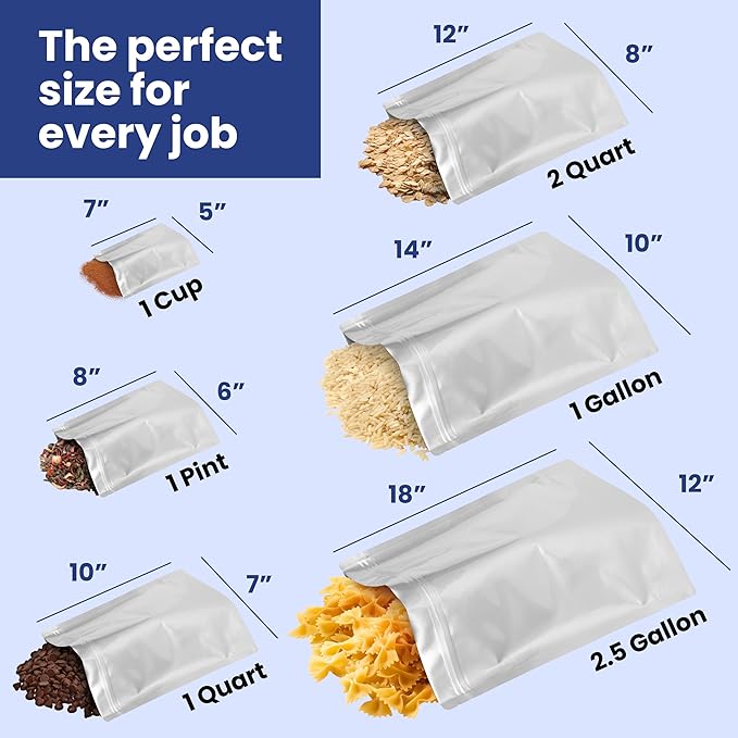 Wallaby 30 Count 2.5-Gallon Gusset Mylar Bags with Labels, 15 Mil Total Thickness Long-Term Food Storage Pouches, 18x12 Stand-Up Zipper Heat-Sealable Airtight Packaging - Silver