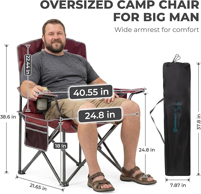 FUNDANGO Oversized Camping Chairs for Adults, Heavy Duty Fold Up Sports Games Lawn Chairs, Extra Wide Big Man Outdoor Chairs with Padded Lumbar Support Backrest, Bag Included for Camp, Outside, Beach