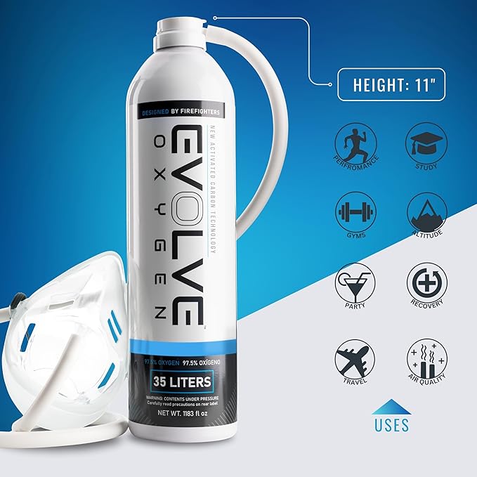 EVOLVE 35-Liter Pure Oxygen Canister with Mask and Tube | Portable Oxygen Can | Ideal for Home Use and Outdoor Activities | Designed by Firefighters | Made in The USA | Pack of 2