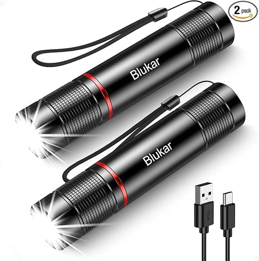 Blukar LED Flashlight Rechargeable 2 Pack, Super Bright Adjustable Focus Handheld Flashlights, 4 Lighting Modes, Waterproof Pocket Size Torch for Camping, Hiking, Outdoor, Emergency-Black