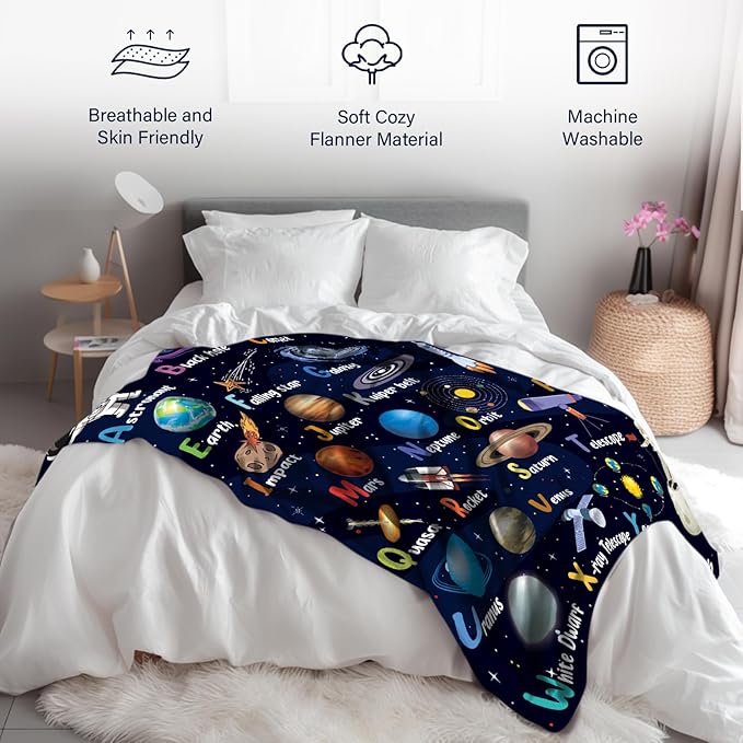 Space Alphabet Blanket, Space Themed Bedroom Decor, 50" X 60" Galaxy Blanket Gifts for Adult, Planet Astronaut Gift for Boys Birthday Christmas