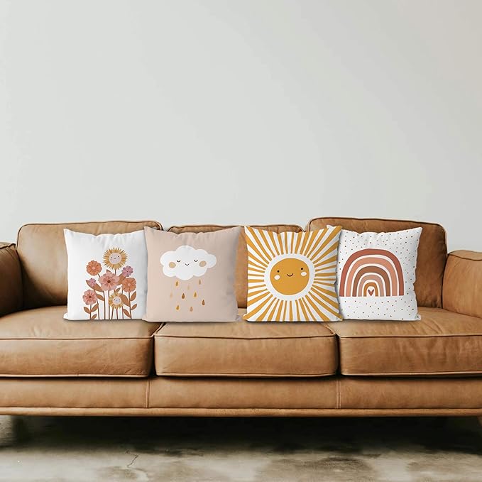 KEUSPI Boho Nursery Sun Cloud Rain Flower Rainbow Throw Pillow Covers,Bohemian Throw Pillow Covers 18×18 Inch Set of 4,Home Girls Kids Room Nursery Playroom Decor,Boho Gifts for Baby Girls
