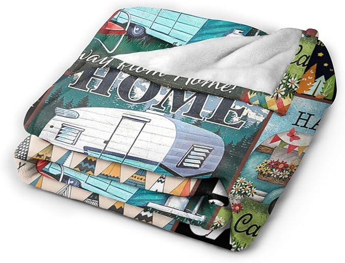 Camping Blanket Soft Warm Plush Throw Blanket Happy Camper RV Gifts for Camper Lover Cozy Lightweight Flannel Fleece Bedding Stuff Decor Blanket for Girls Kids Adults Women 50"x60"