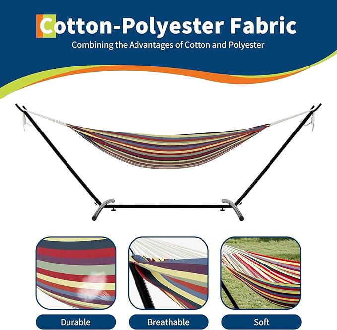 TrailBlaze Double Person Heavy Duty Hammock with Space-Saving Steel Stand, 450lb Capacity, Portable Carrying Case, Premium Balance Beams, Indoor/Outdoor Use - Yellow Rainbow Stripes