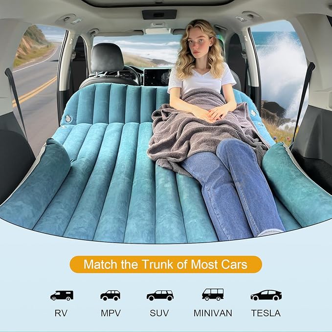 Ciremiv SUV Air Mattress with Double-Sided-Thick Flocked,Car Mattress with Pillow & Pump,Leakproof Durable Car Air Mattress,for Auto Camping, Road Trip,Double-Sided Flocking(Blue and White)