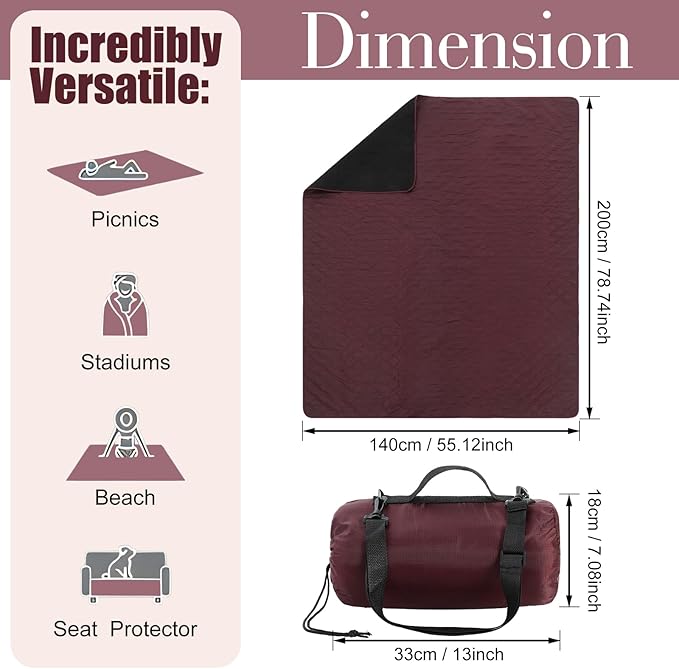 Tranqun 2 Pcs Large Waterproof Outdoor Blanket 78 x 55'' Windproof Blanket Quilted Waterproof Fleece Sandproof Foldable Warm Stadium Blankets for Camping Picnic Sporting Event Cold Weather(Dark Red)