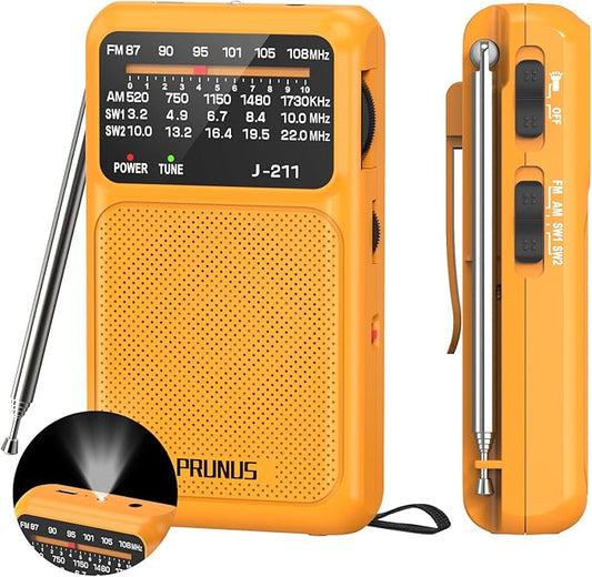 PRUNUS J-211 Portable Radio AM FM with USB Charging and AA Battery Operated, Transistor Radio, Strong Reception& Clear Speaker, Headphone Jack, Back Clip, Lanyard, Small radios Portable AM FM