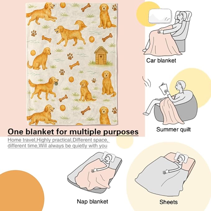 Golden Retriever Blanket Cute Dog with Bone,Ball,Paw Print and Kennel Throw Blankets Lightweight Flannel Throws for Camping Couch Chair Office Bed Home Decor Gifts for Pet Lover,50x40inch