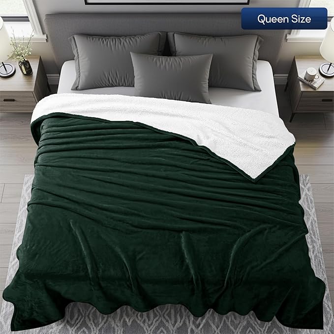 Utopia Bedding Sherpa Blanket Queen Size (Forest Green, 90x90 Inches) - Soft Lightweight Plush Fleece Reversible Blanket for Bed, Sofa, Couch, Camping and Travel