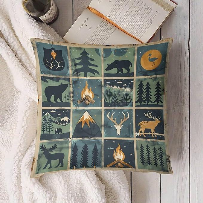 ITFRO Set of 2 Birthday Gift Nature Wildlife Bear Deer Forest Bonfire Pine Tree Short Plush Both Sides Square Retro Checkered Throw Pillow Cover Cushion Case Farmhouse Sofa Decor 18x18 Inches (Blue)