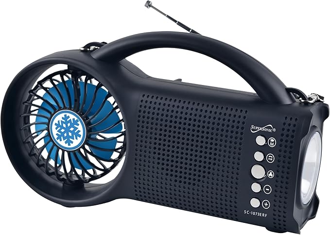 Supersonic SC-1073ERF Solar Power Bluetooth Speaker with FM Radio, LED Torch Light and Fan USB/SD Input, FM Radio, 3 Wind Speed, for Picnic, Barbecue, Camping, Hurricane Emergency