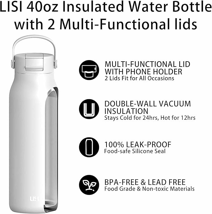 LISI 40oz Insulated Water Bottle, Double Wall Stainless Steel Water Bottles with Straw, 100% Leak-Proof Travel Thermal Canteen Mug with 2 Lids (Straw, Phone Holder Lid)