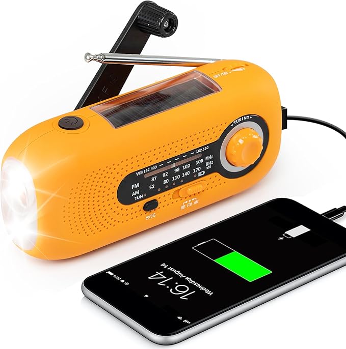 Solar Hand Crank Emergency Radio - 2000mAh Portable Weather Radio with AM/FM/NOAA, 3-Mode Flashlight, SOS Alarm & Cell Phone Charger for Outdoor & Home Use