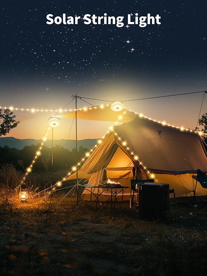 Upgraded Solar Camping String Lights, 33FT Retractable Colored Fairy Solar String Lights Camping with Snap Portable Hanging Tent Lantern for Awning Garden Yard Party Decor