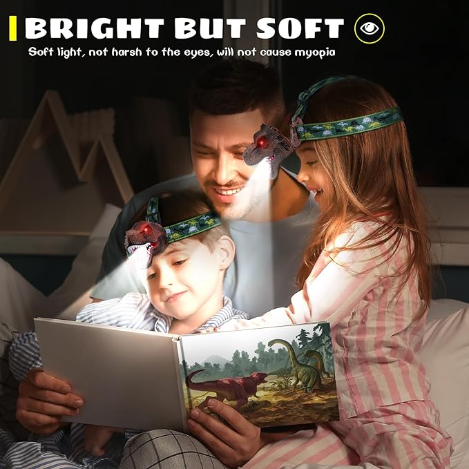 Dysaim Kids Headlamp,Dinosaur Headlamp for Kid LED Head Lamp Camping Gear Flashlight,Hiking Accessories Headlight,Ideal Gift Toys Suitable for Reading Birthday Halloween Xmas Party(2 Pack)
