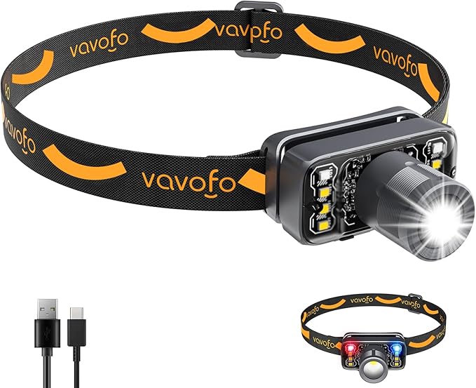 VAVOFO LED Headlamp Flashlight, 500 Lumen Rechargeable Waterproof Outdoor Headlight with Bright White +Red Light, Stepless Dimming, Lightweight, Adjustable Headband, 5 Modes for Camping