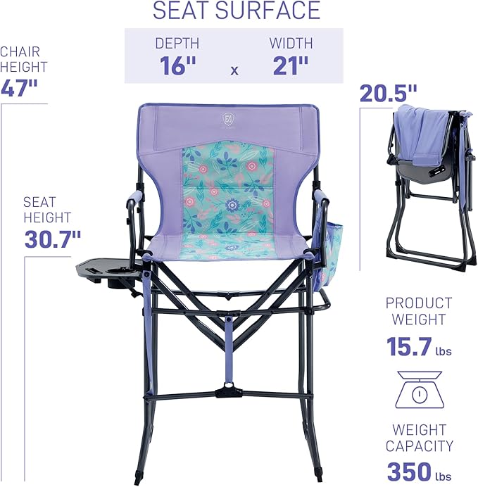 EVER ADVANCED Portable 30.7" Seat Height Tall Folding Camping Chair Directors Chair High Foldable Bar Stool with Side Table for Makeup Artist, Sports Event, Craft Show, Supports 350LBS