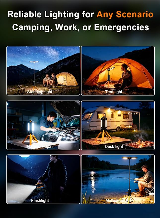 15000mAh Rechargeable Telescopic Camping Light, Portable Flashlight & Lantern with Reinforced Tripod Base, Height Adjustable Dimmable Tent Light, Power Bank for Outdoor BBQ, Hiking, Job Site, Orange
