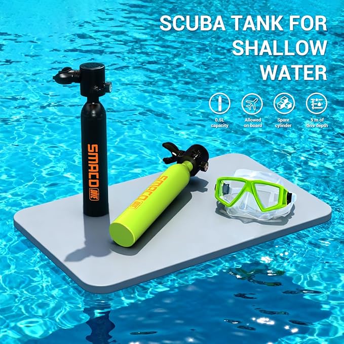 SMACO 0.5L Mini Scuba Tank Portable Diving Tank Reusable Lightweight Diving Cylinde Compact Emergency Pony Bottle for Snorkeling, Freediving, Air Backup Lung Air Tank S300