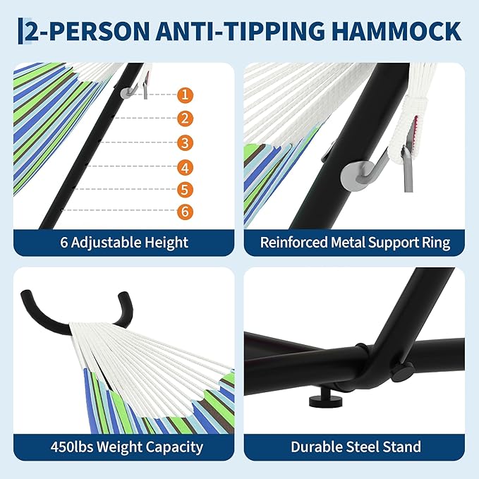 Garvee 2 Person Hammocks with Stand for Outside, Double Hammocks Portable Space Saving Heavy-Duty Steel Stand for Indoor Outdoor Patio with Carrying Bag, 450 lbs Capacity