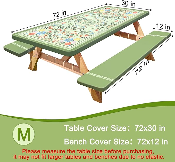 Picnic Table Cover with Bench Covers Portable Table Cloth Built-in Storage Pocket Fitted Tablecloth with Elastic Edges Waterproof Camping Essentials for Indoor Outdoor Rv,72in,DarkSeaGreen