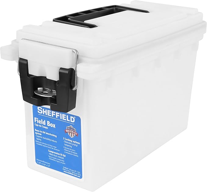 Sheffield 12635 Ammo Storage Box, Stackable .30 Cal Field Boxes, Water and Dust Resistant, Lockable Storage Box with Handle, Secures Hunting Gear, Supplies, and Bullets, Made in USA, Frost(Pack of 6)