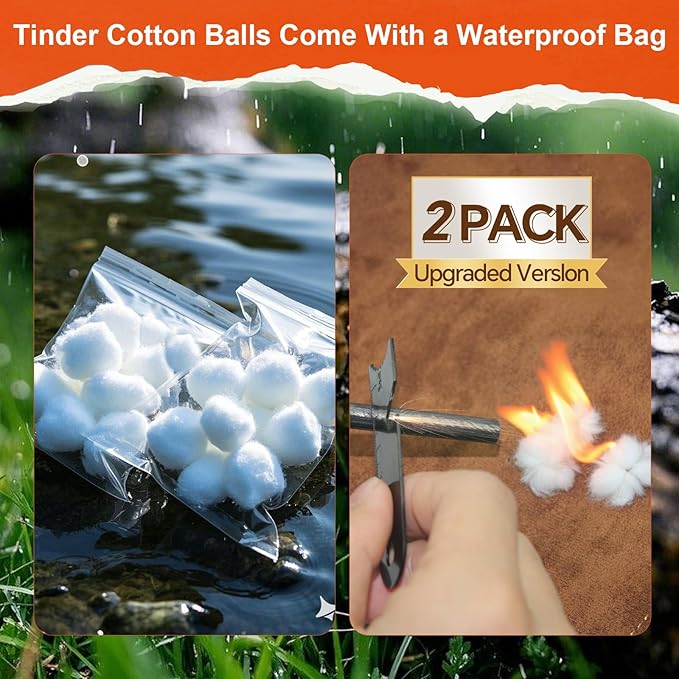 2PCS Magnesium Fire Starter with Striker, High Temp Magnesium Rod, Ferro Rod Fire Starter Survival Tool with 20Pack Waterproof Tinder and Steel Fire Striker for Camping, Hiking and Emergency