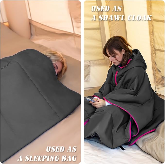 Camping Blanket Poncho, Large Wearable Blankets, 75 x 55 inch Cape, Windproof & Water-Repellent, Portable & Warm, for Outdoor, Sports, Travel, Car