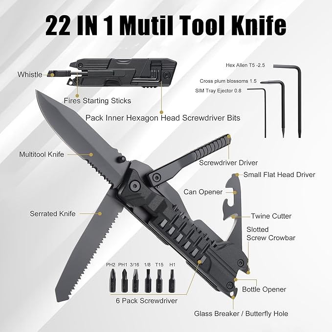 Leopcito Multitool Knife with Nylon Pouch, 22 in 1 EDC Multi Tools with Fire Starting Sticks, Bottle Opener, Whistle, Pocket Knife and Window Breaker, Perfect for Survival, Outdoor and Everyday Use