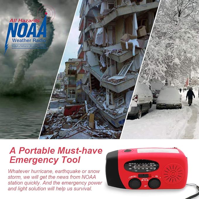 Portable Solar Emergency Weather Radio Hand Crank AM/FM NOAA Survival Radio with LED Flashlight 2000mAh Cellphone Charger for Smart Phone for Home Outdoor Camping Traveling Earthquake
