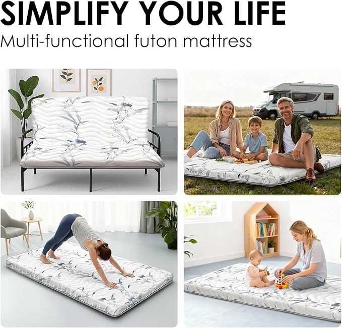 SCHNAUZER HOME Japanese Floor Mattress, 3.5" Thicken Ink Wash Floral Pattern Portable Futon Mattress, 100% High-Density Foam Tatami Mat Sleeping Pad for Camping Guest Room Dormitory RV, White, Queen