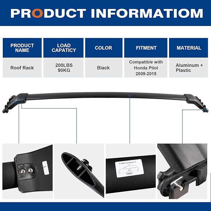 Wonderdriver Roof Rack Cross Bars Compatible with Honda Pilot 2009-2015 with Side Rails, Heavy Duty 200lb Aluminum Crossbars Rooftop Cargo Bag Kayak Luggage Carrier Canoe Kayak Cargo Accessories